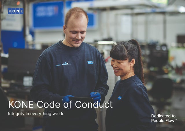 Two KONE factory employees discussing, overlay text about KONE Code of Conduct