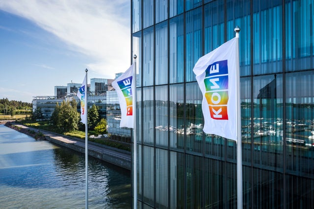 KONE Building in Finland with Pride flags.