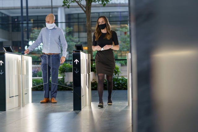 People walking inside 110 North Wacker