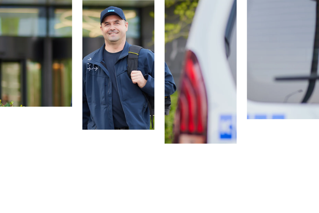 KONEen teknikko kävelemässä kohti työautoa