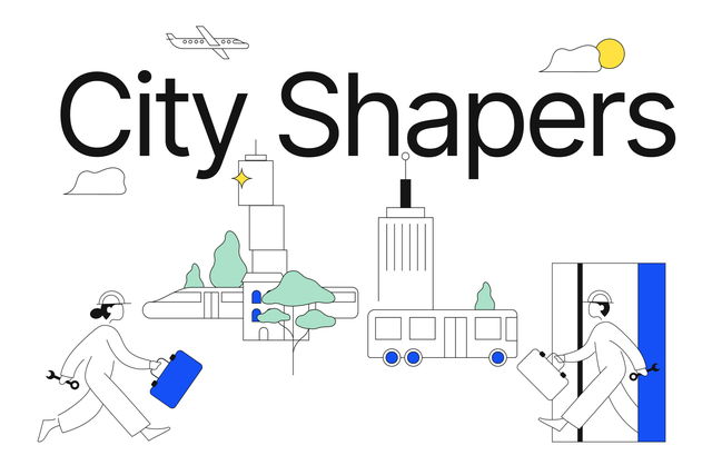 City Shapers story series illustration with technicians in a city.