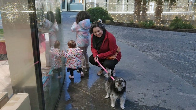 Two children, a woman and a small dog