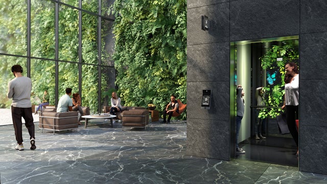 Hotel lobby with green wall