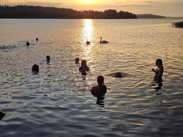 People swimming in a lake at sunset.