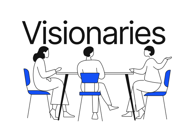 Visionaries story series illustration with three people gathered in the same table.