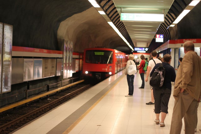 Metro train arriving at a station.