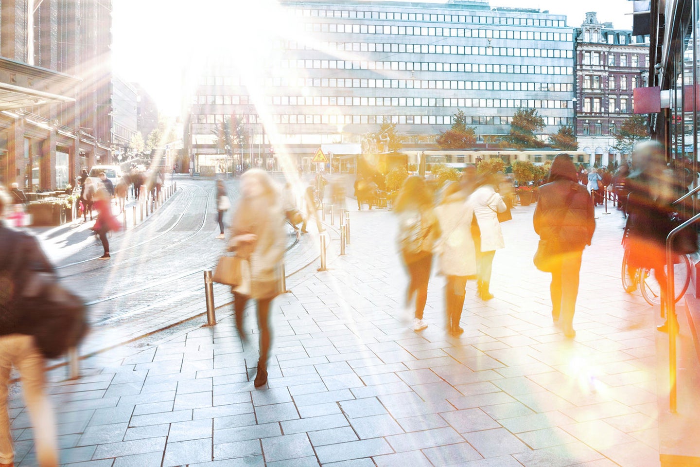 City view with people walking on a street