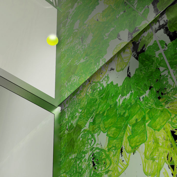 Elevator interior with painted green trees