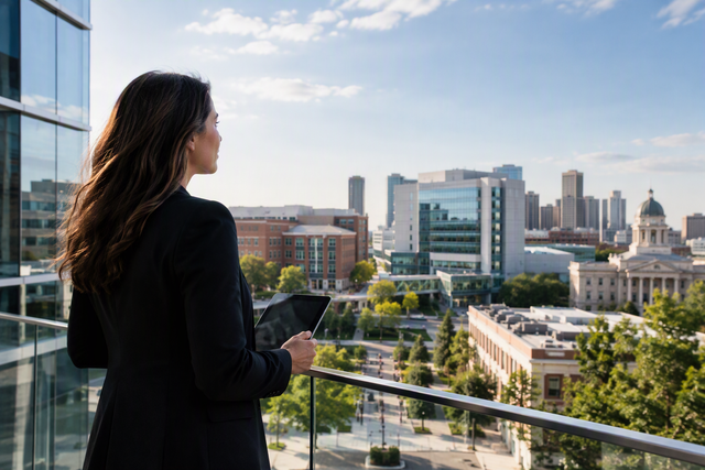 Facilities professional reviewing a multi-building property portfolio from a commercial office building.