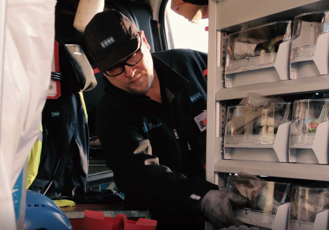 KONE technician Risto Alaluusua in his van getting tools.