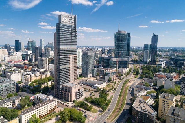 Warsaw skyline with high-rises on a sunny day