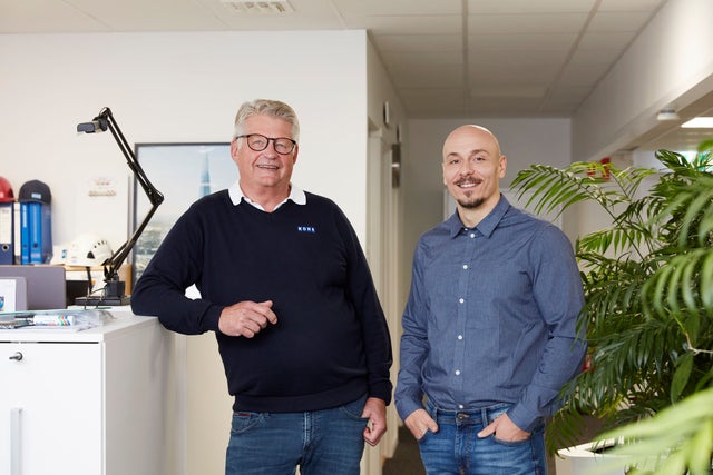 Stefan Wallin (left), KONE’s service operations manager for the South region of Stockholm, and Neven Jugo, KONE’s maintenance operations manager, at KONE's Årsta office in October 2024