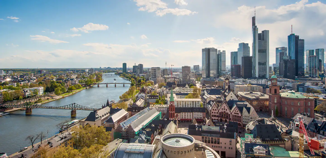 City view with the river and high-rises in Frankfurt Germany.
