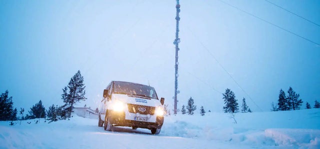 KONE technician driving his car in snowy Lapland.